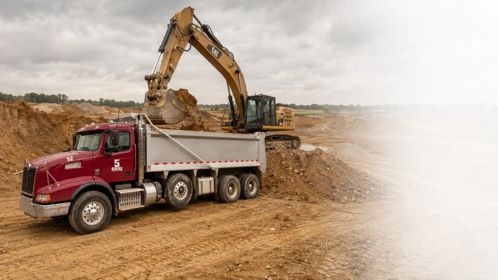 Excavator loading excavated earth into a 5Rivers dump truck